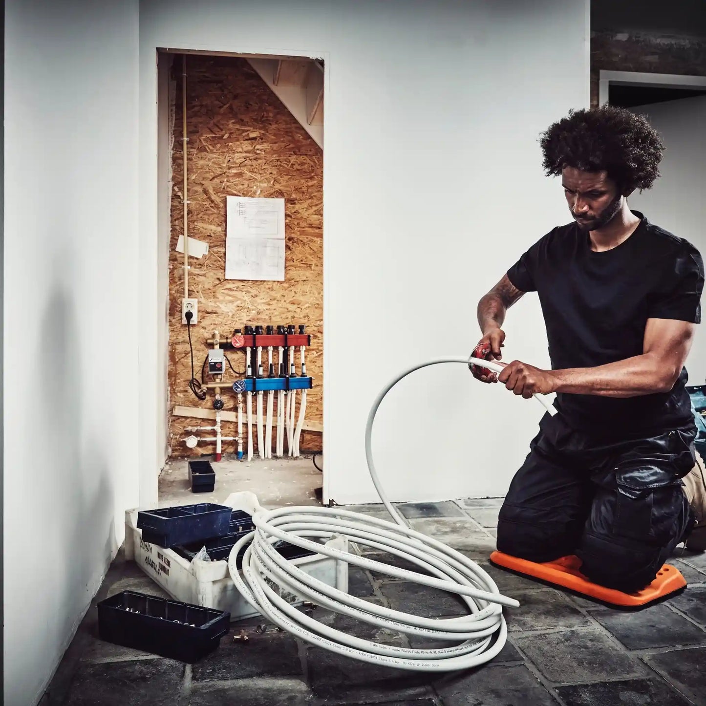 Fento Board im Einsatz bei der Verlegung von Fußbodenheizung