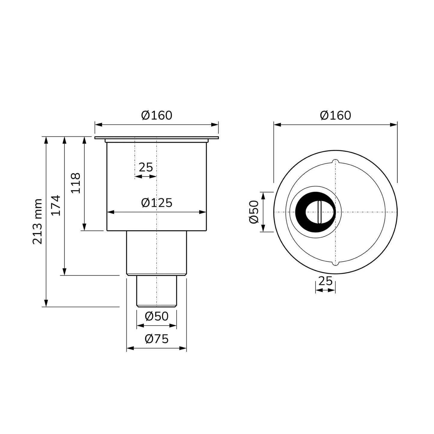 Zeichnung senkrechter Ablauf für die kürzbare Duschrinne